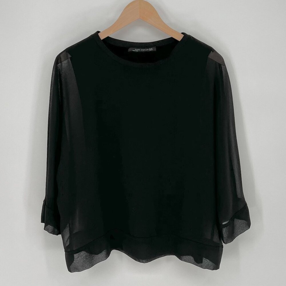 Zara Womens Sheer Overlay Blouse Size XS Black 3/4 Sleeves Lightweight Elegant